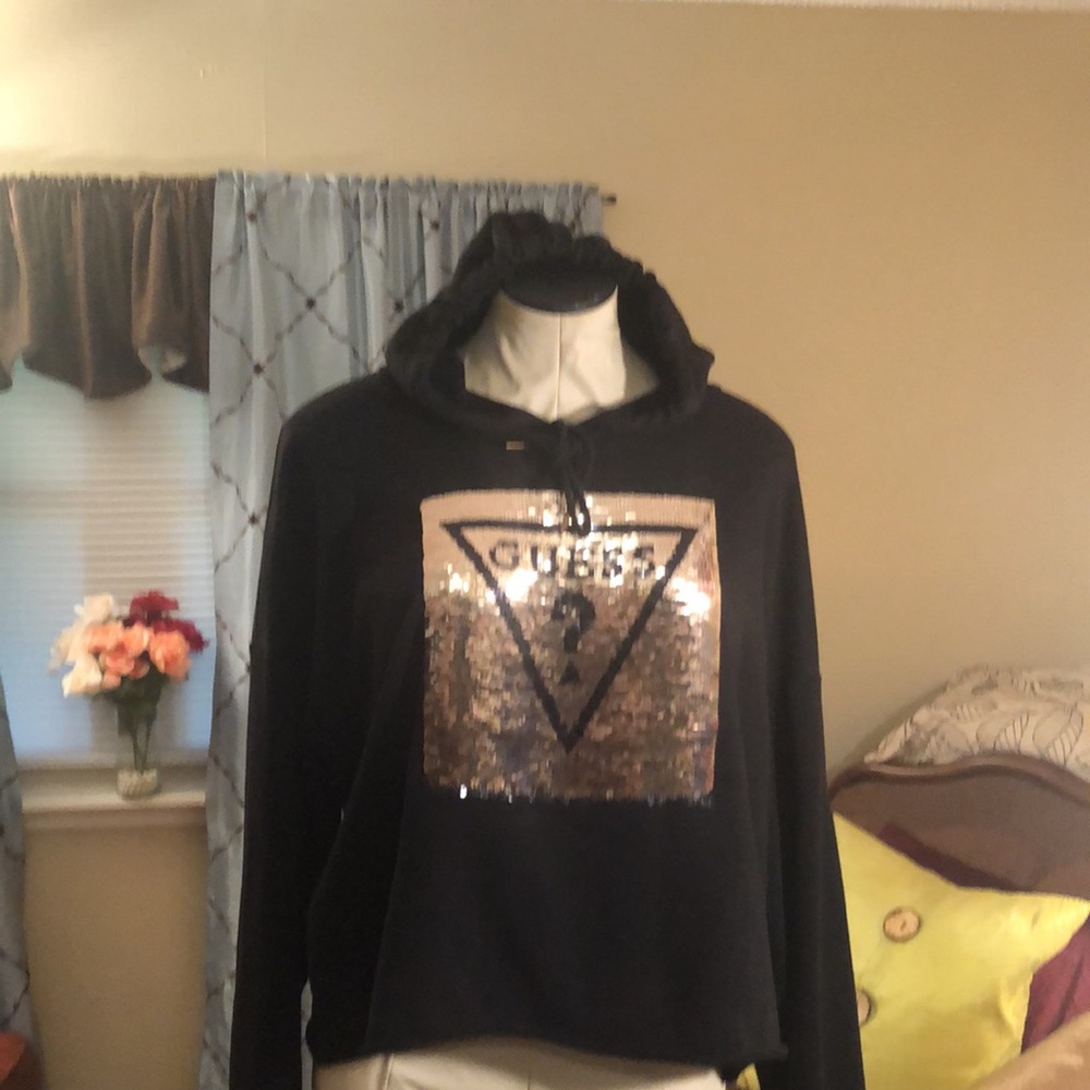 Guess Logo Reversed 🔄 Sequins in Rose Gold & Black Cropped Oversized Hoodie
